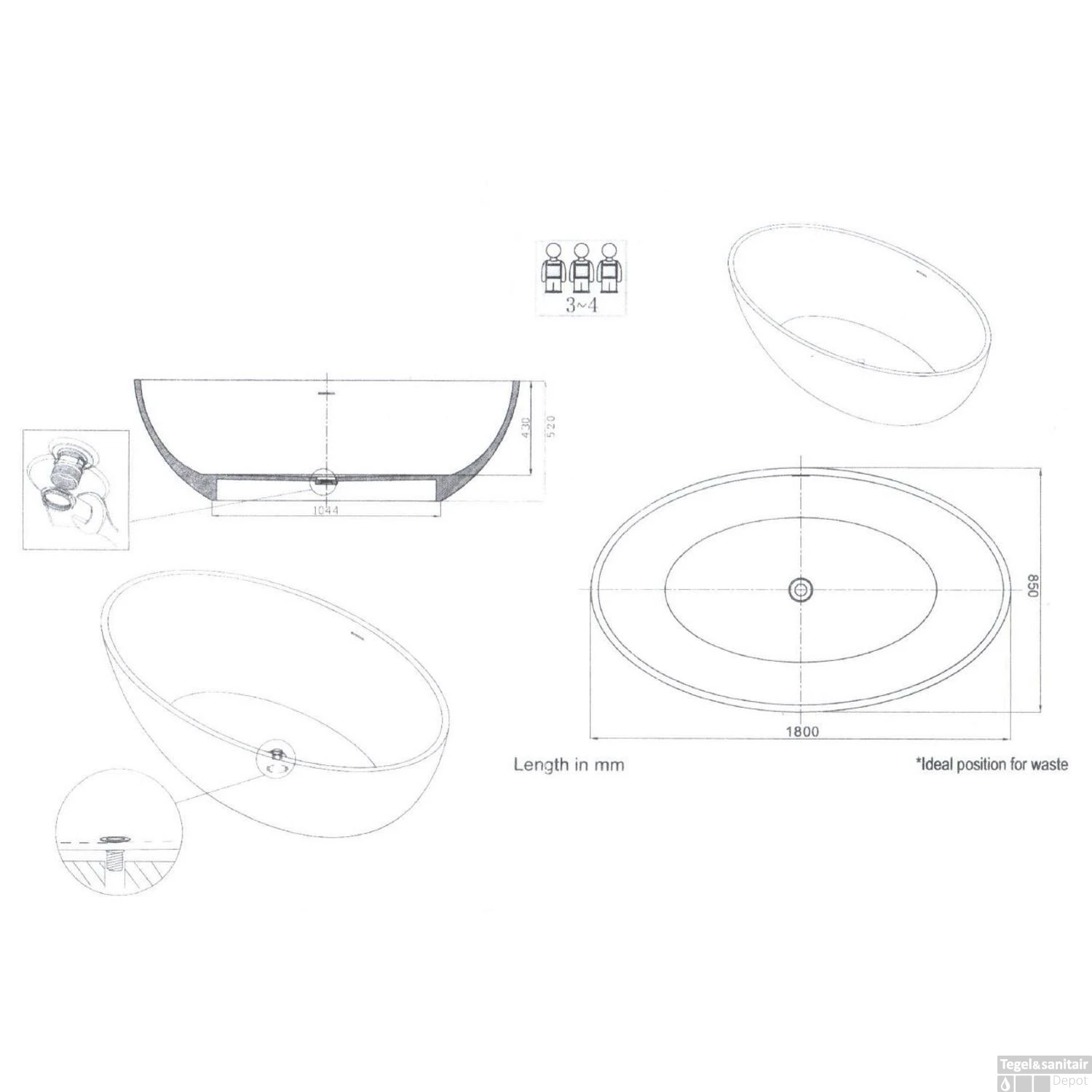 Vrijstaand Bad Best Design Solid New-Stone Mat Wit 180x85x52cm 5 Vrijstaand Bad Best Design Solid New-Stone Mat Wit 180x85x52cm - Afbeelding 3