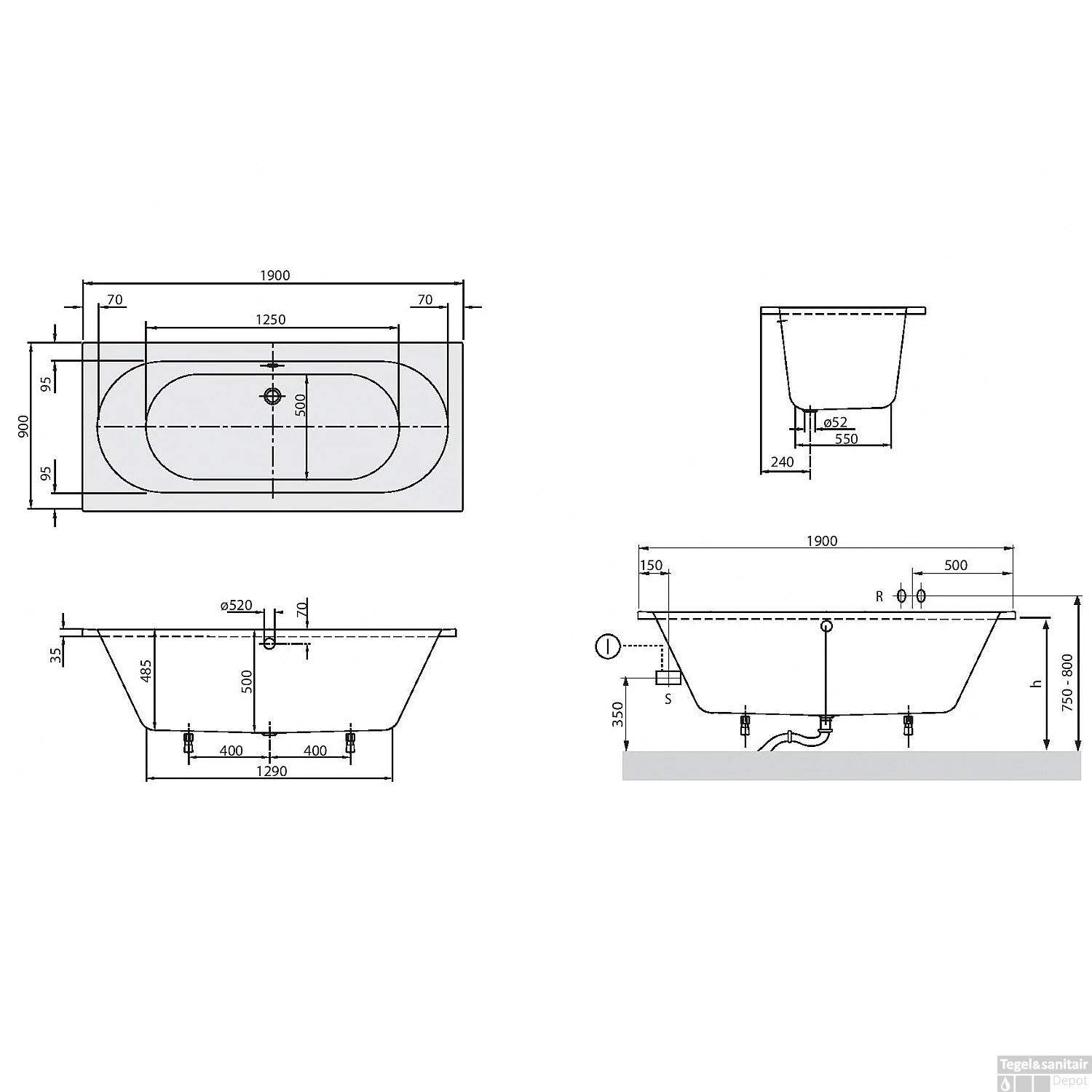 Villeroy & Boch O.novo Bad Rechthoek Duo 190x90 Cm Wit 5 Villeroy & Boch O.novo Bad Rechthoek Duo 190x90 Cm Wit - Afbeelding 3