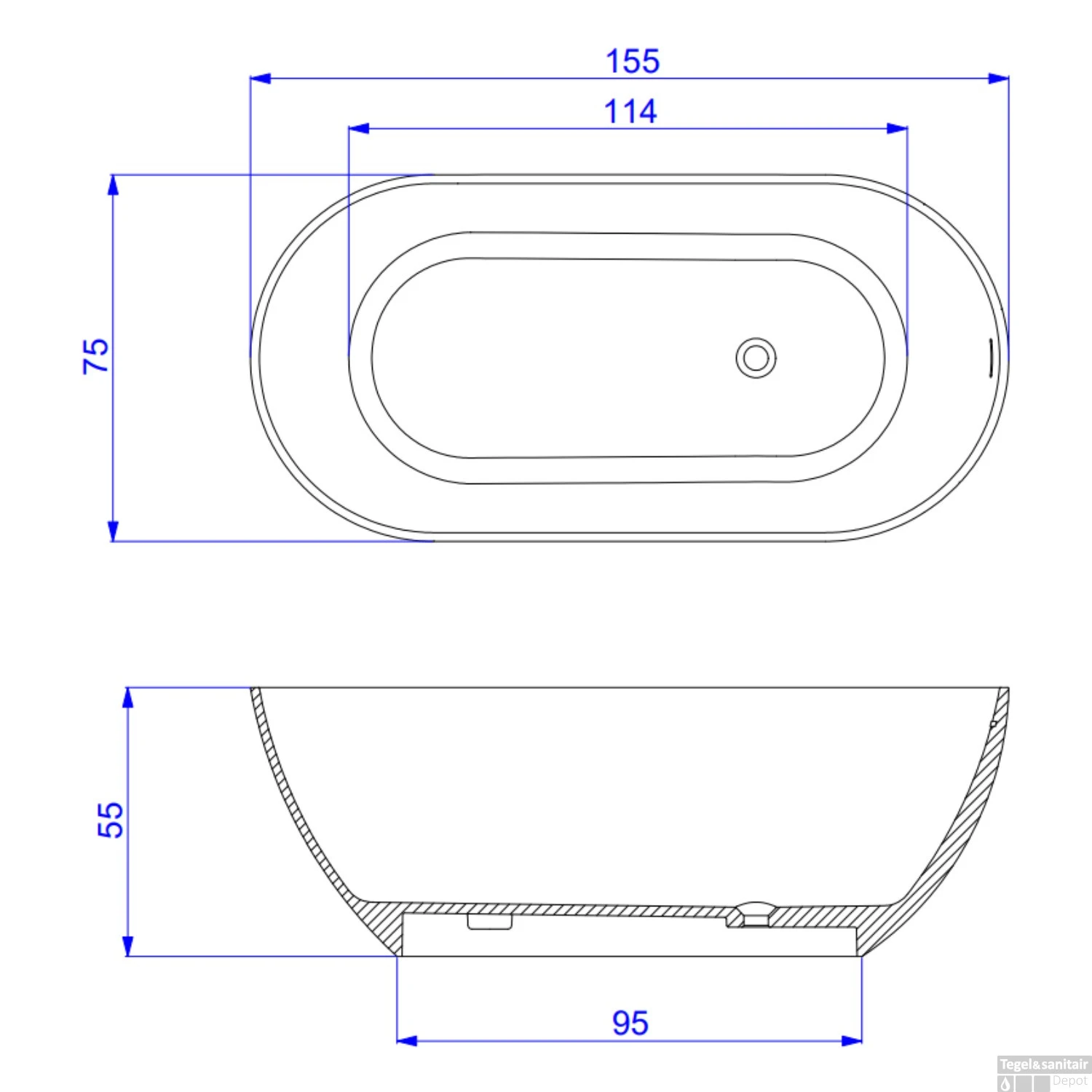 Vrijstaand Bad Arcqua Cusco Cast Marble 155x75x55 Cm Mat Wit 5 Vrijstaand Bad Arcqua Cusco Cast Marble 155x75x55 Cm Mat Wit - Afbeelding 3