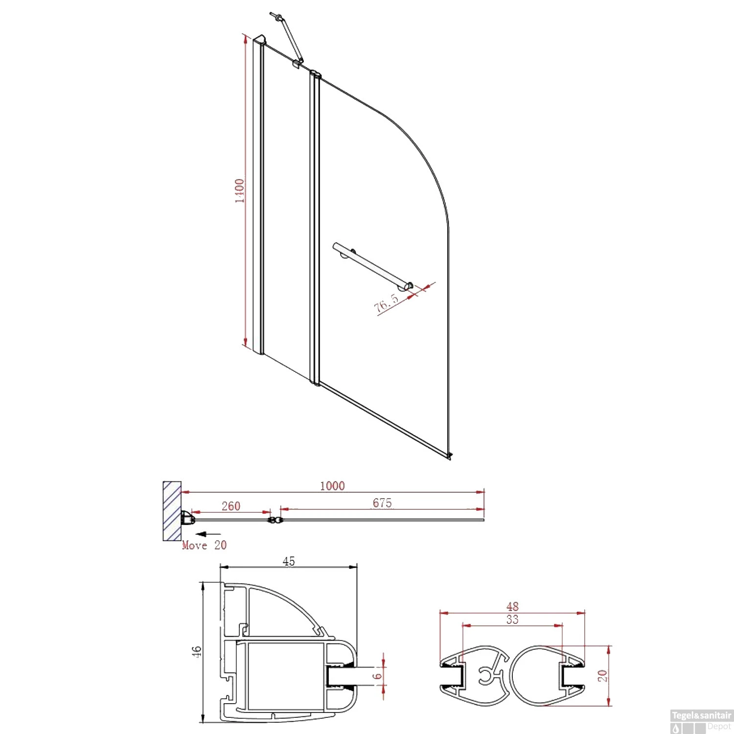 Badwand Boss & Wessing Bibi Afgerond 100x140cm Scharnierend Omkeerbaar 6mm 5 Badwand Boss & Wessing Bibi Afgerond 100x140cm Scharnierend Omkeerbaar 6mm - Afbeelding 3