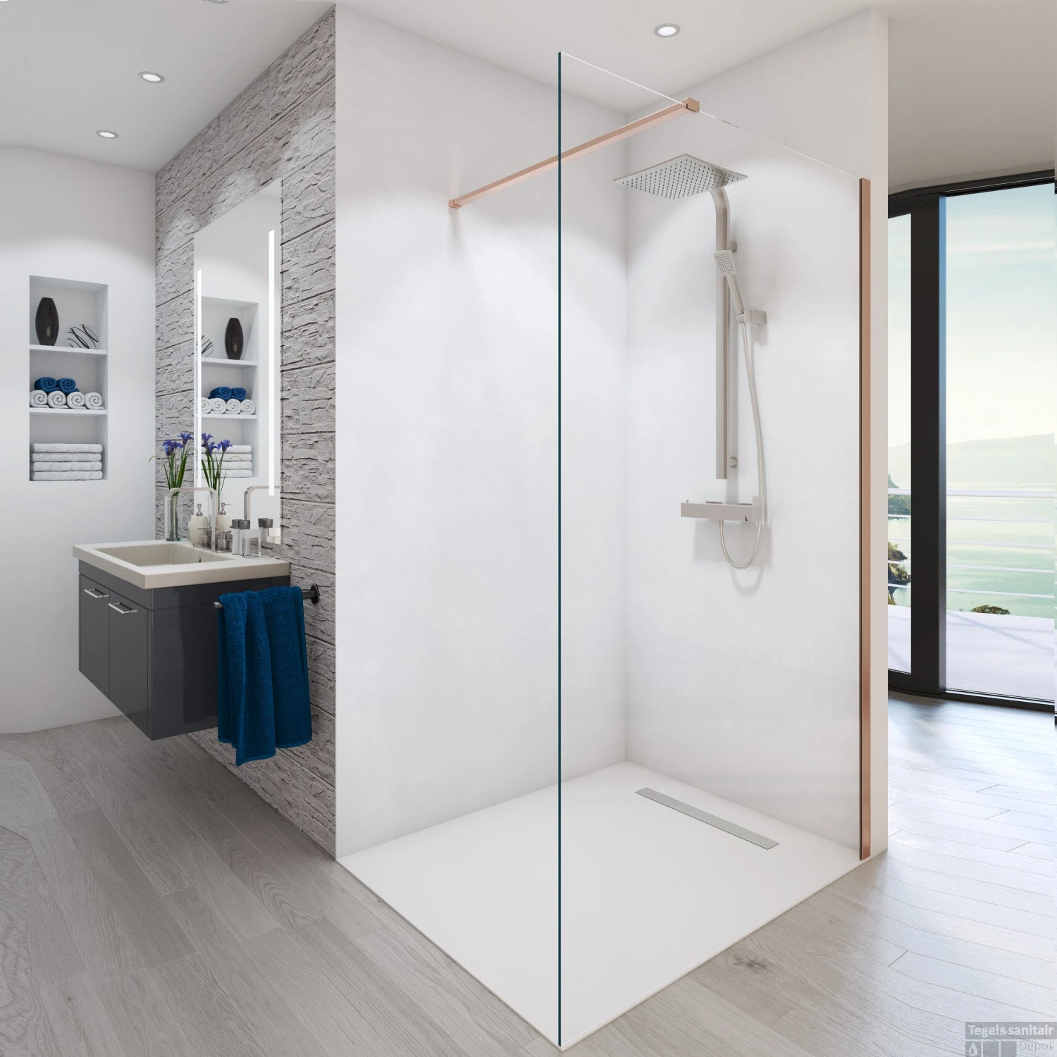 BWS Inloopdouche Pro Line Helder Glas 80x200 Geborsteld Messing Koper Profiel En Stang - Afbeelding 2