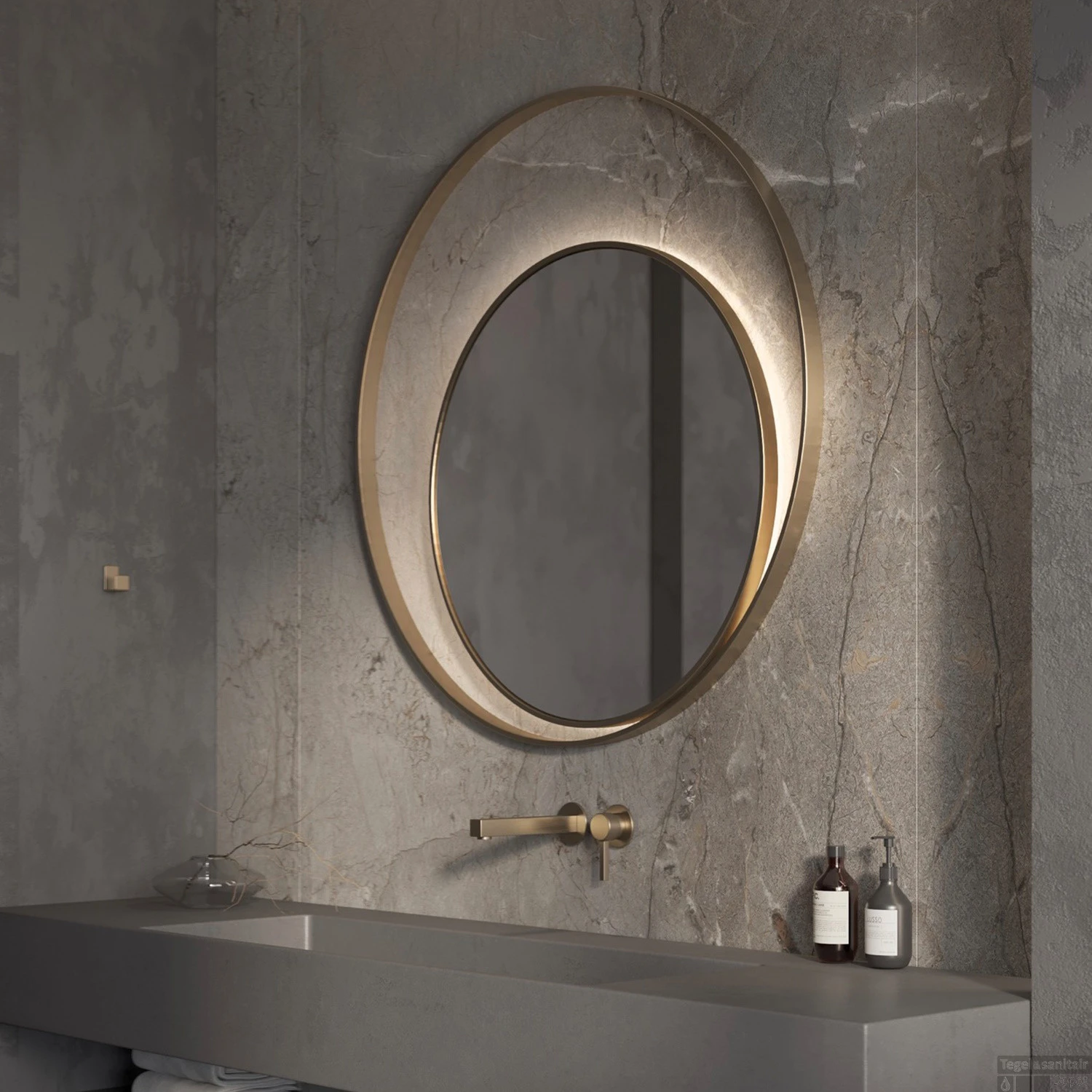 Designspiegel Martens Design Athene Rond Met Frame En Indirecte LED Verlichting 120 Cm Geborsteld Messing - Afbeelding 2