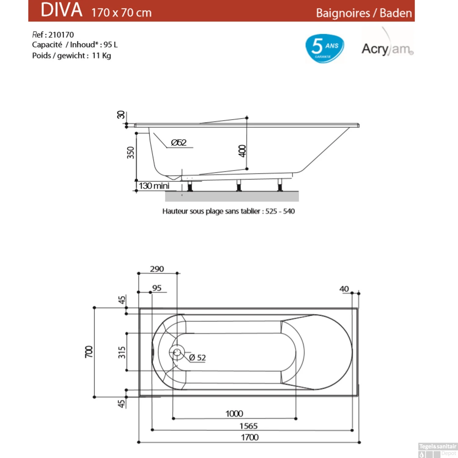 Ligbad Allibert Diva 170x70x40 Cm 4 Ligbad Allibert Diva 170x70x40 Cm - Afbeelding 2