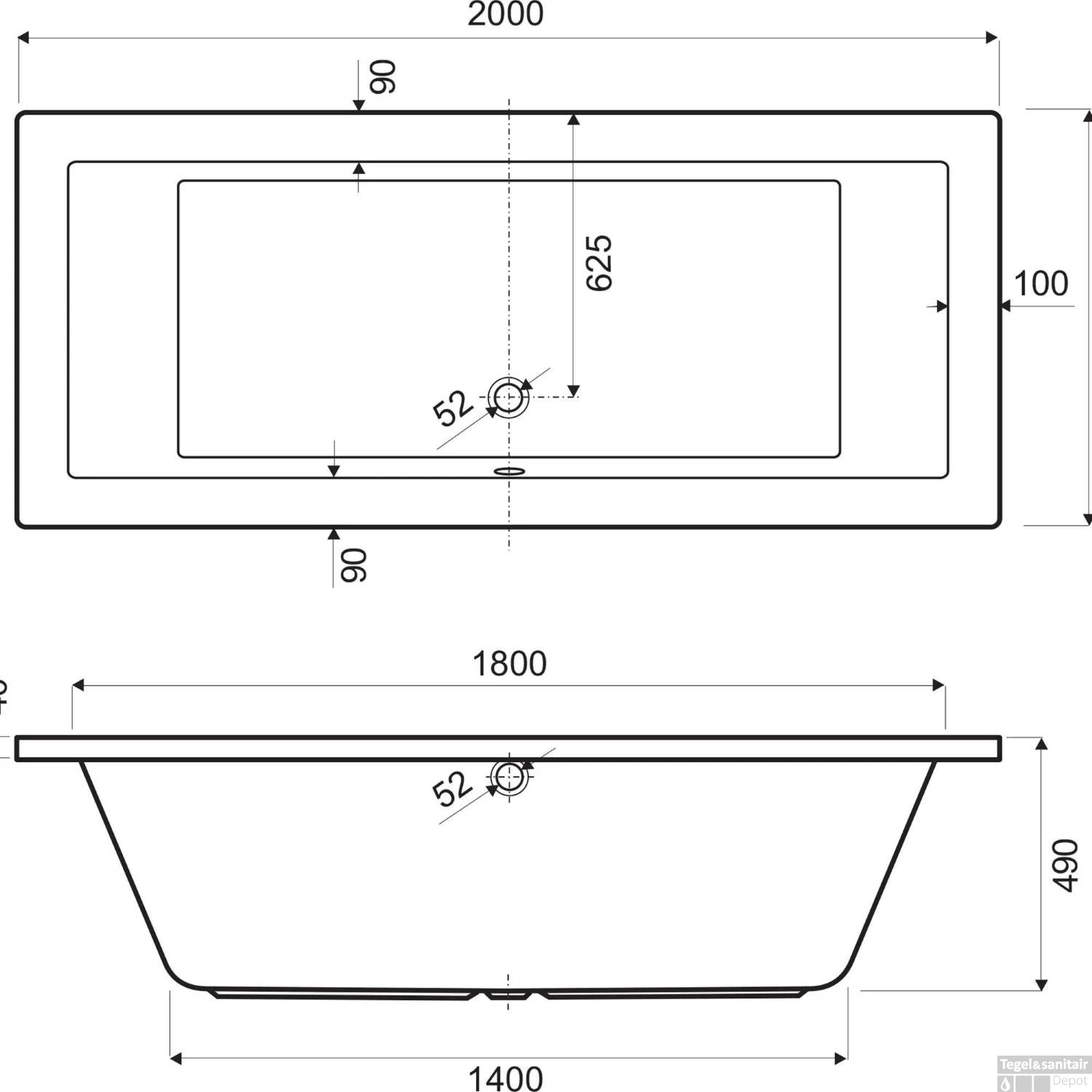 Inbouw Duo Ligbad Wisa Grandola 200x90x49 Cm Wit 4 Inbouw Duo Ligbad Wisa Grandola 200x90x49 Cm Wit - Afbeelding 2