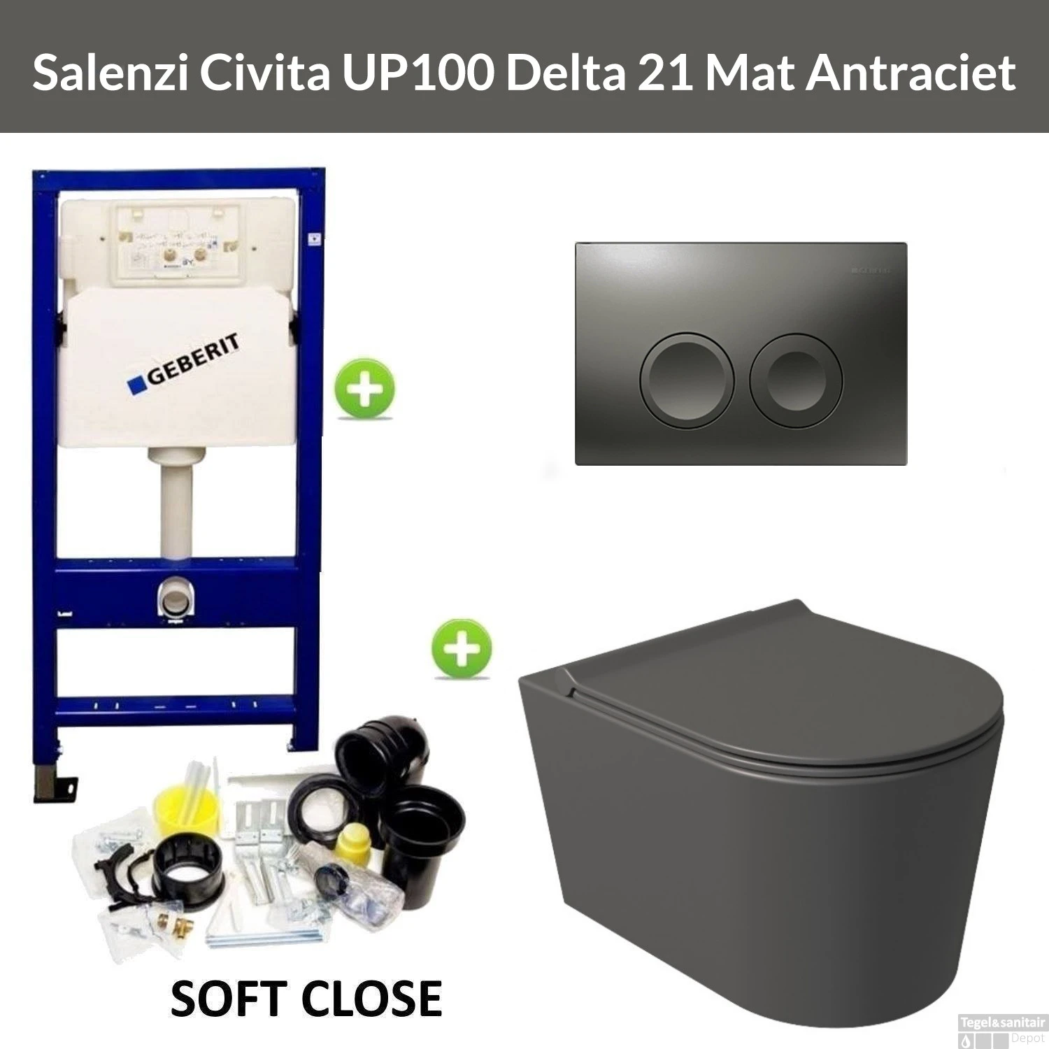 Geberit UP100 Toiletset Compleet | Inbouwreservoir | Salenzi Civita Mat Antraciet Met Drukplaat