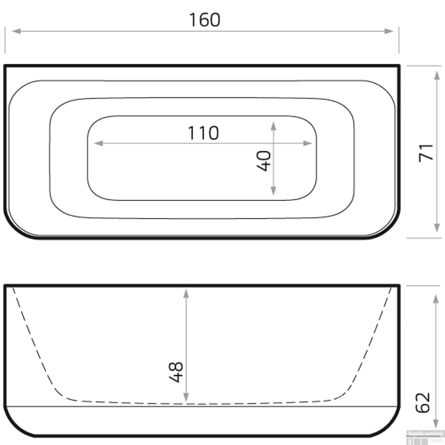 Half Vrijstaand Bad Xenz Guido 160x71x62 Cm Solid Surface Grijs - Afbeelding 2