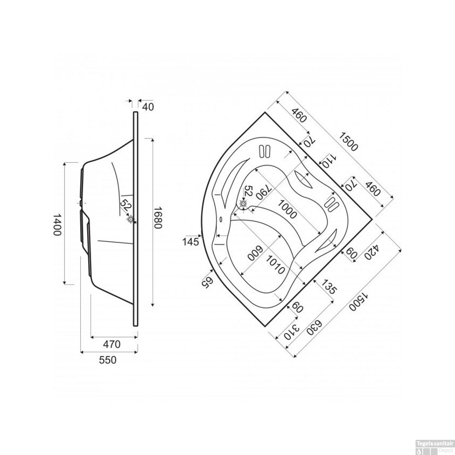 Inbouw Hoekbad Kwartrond Wisa Caserta 150x150 Cm Wit 4 Inbouw Hoekbad Kwartrond Wisa Caserta 150x150 Cm Wit - Afbeelding 2