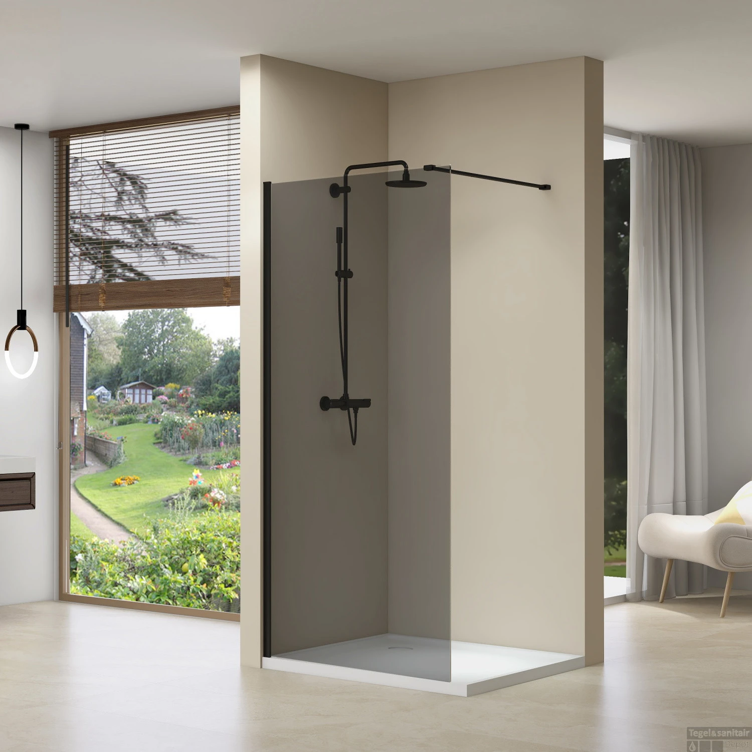 Inloopdouche Van Rijn ST01 Met Stabilisatiestang 90x200 Cm Rookglas 8 Mm Mat Zwart