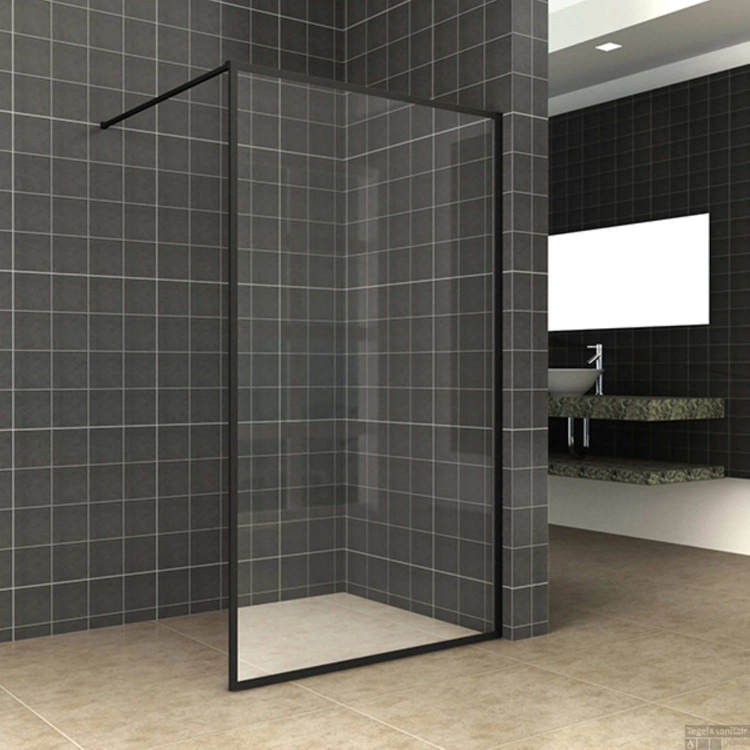 Wiesbaden Douchewand Square 10mm 90x200cm Stabilisatiestang | Nano Coating | Mat Zwart | Inloopdouche 3 Wiesbaden Douchewand Square 10mm 90x200cm Stabilisatiestang | Nano Coating | Mat Zwart | Inloopdouche