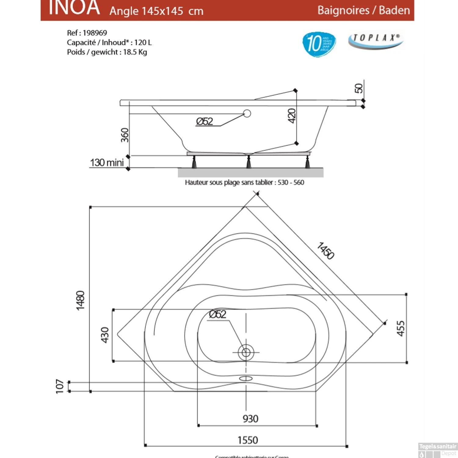 Hoekbad Allibert Inoa 145x145 Cm 5 Hoekbad Allibert Inoa 145x145 Cm - Afbeelding 3