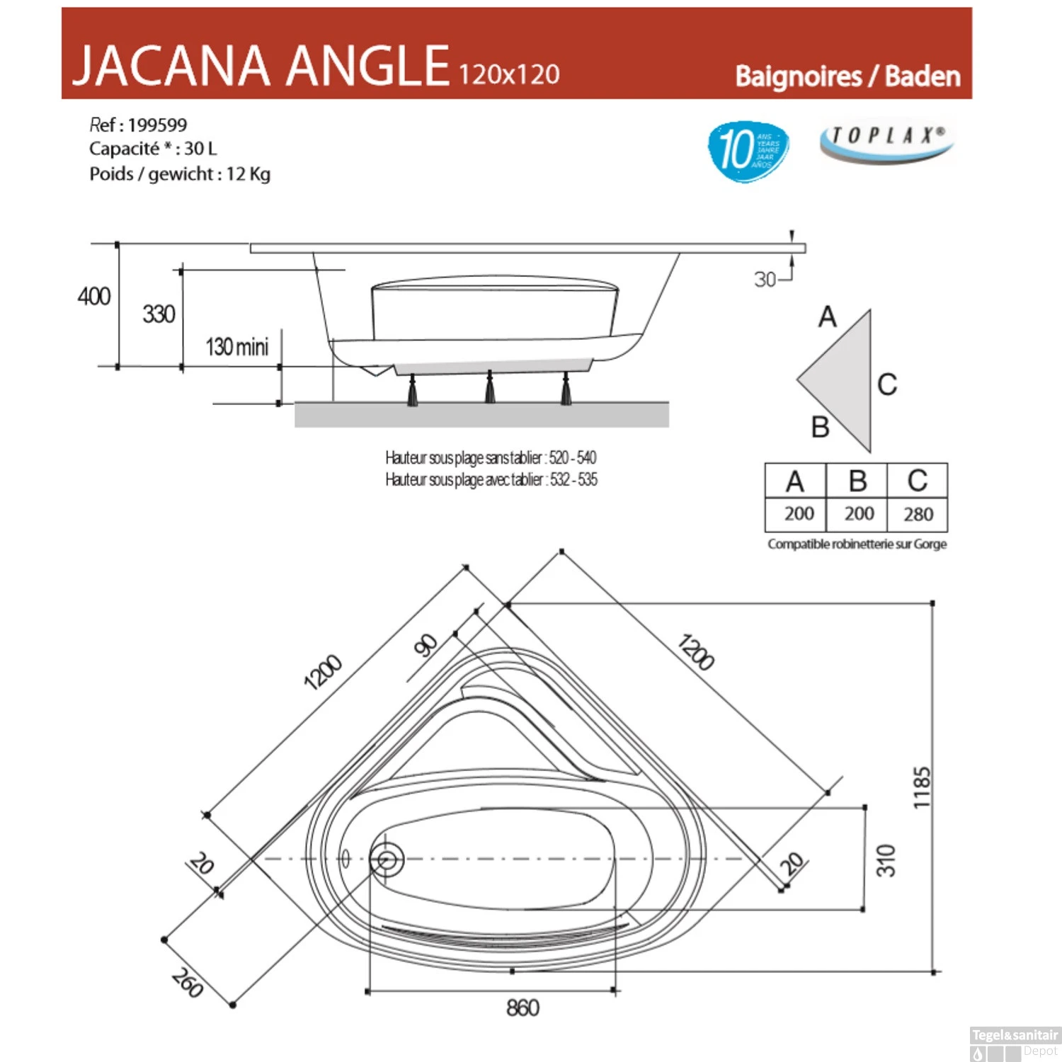 Hoekbad Allibert Jacana 120x120 Cm 4 Hoekbad Allibert Jacana 120x120 Cm - Afbeelding 2