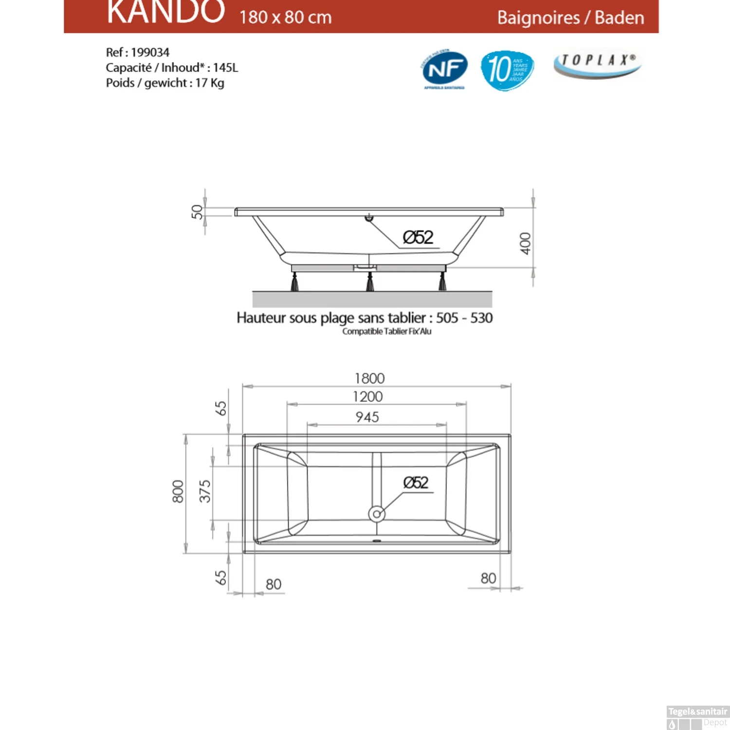 Ligbad Allibert Kando 180x80x50,5-53 Cm 4 Ligbad Allibert Kando 180x80x50,5-53 Cm - Afbeelding 2