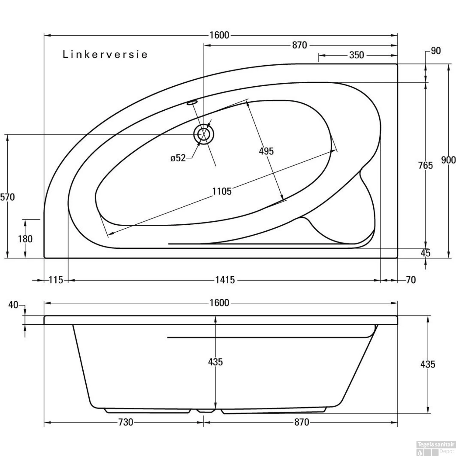 Hoekbad Plieger Cyprus Ruimtebesparend Hoek Rechts Acryl160x90x43,5 Met Poten Wit 4 Hoekbad Plieger Cyprus Ruimtebesparend Hoek Rechts Acryl160x90x43,5 Met Poten Wit - Afbeelding 2