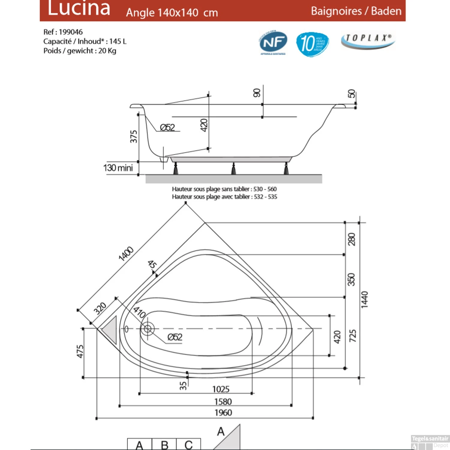 Hoekbad Allibert Lucina 140x140 Cm 4 Hoekbad Allibert Lucina 140x140 Cm - Afbeelding 2