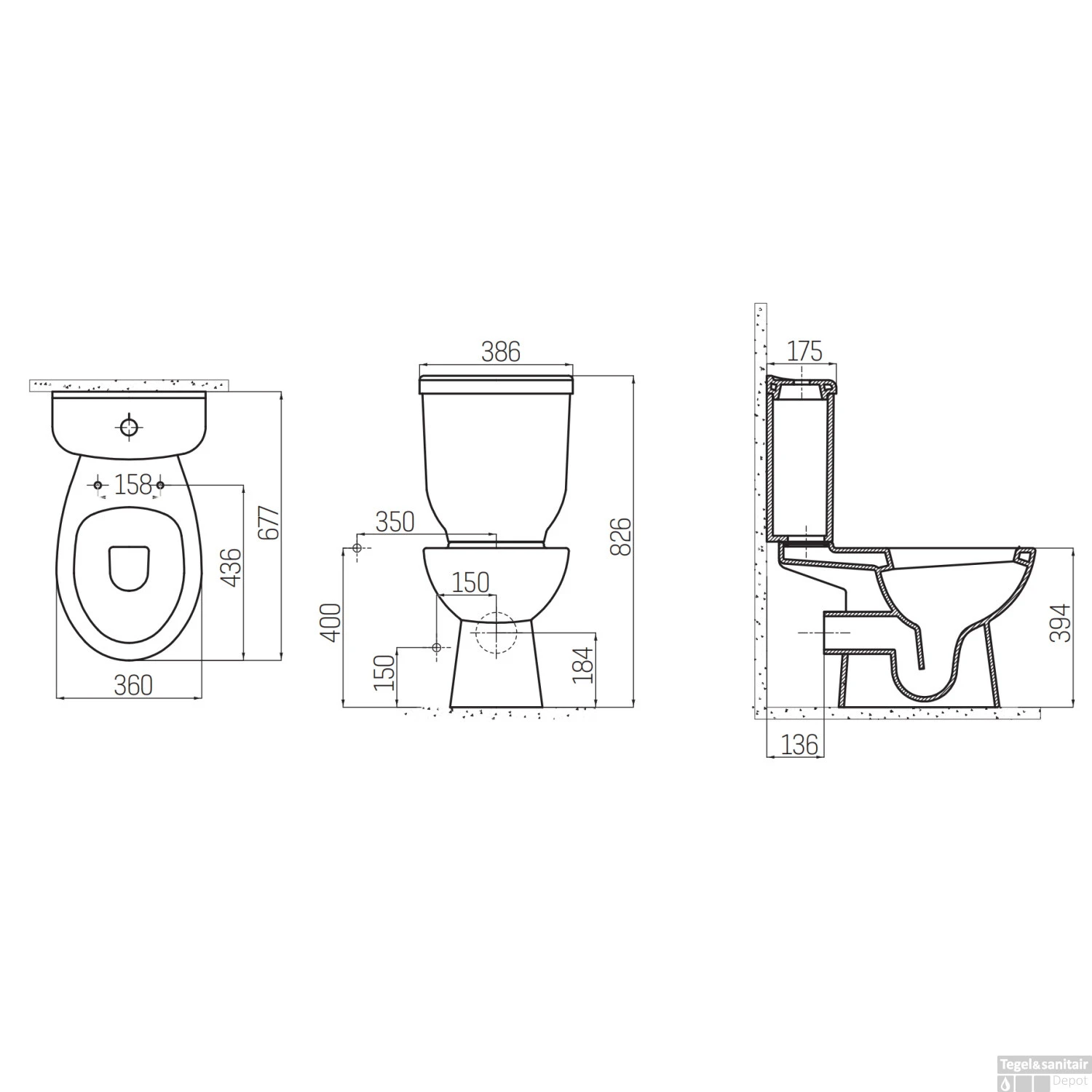 Toiletpot Staand Boss & Wessing Sedef Met Bidet Achter Aansluiting Wit - Afbeelding 2