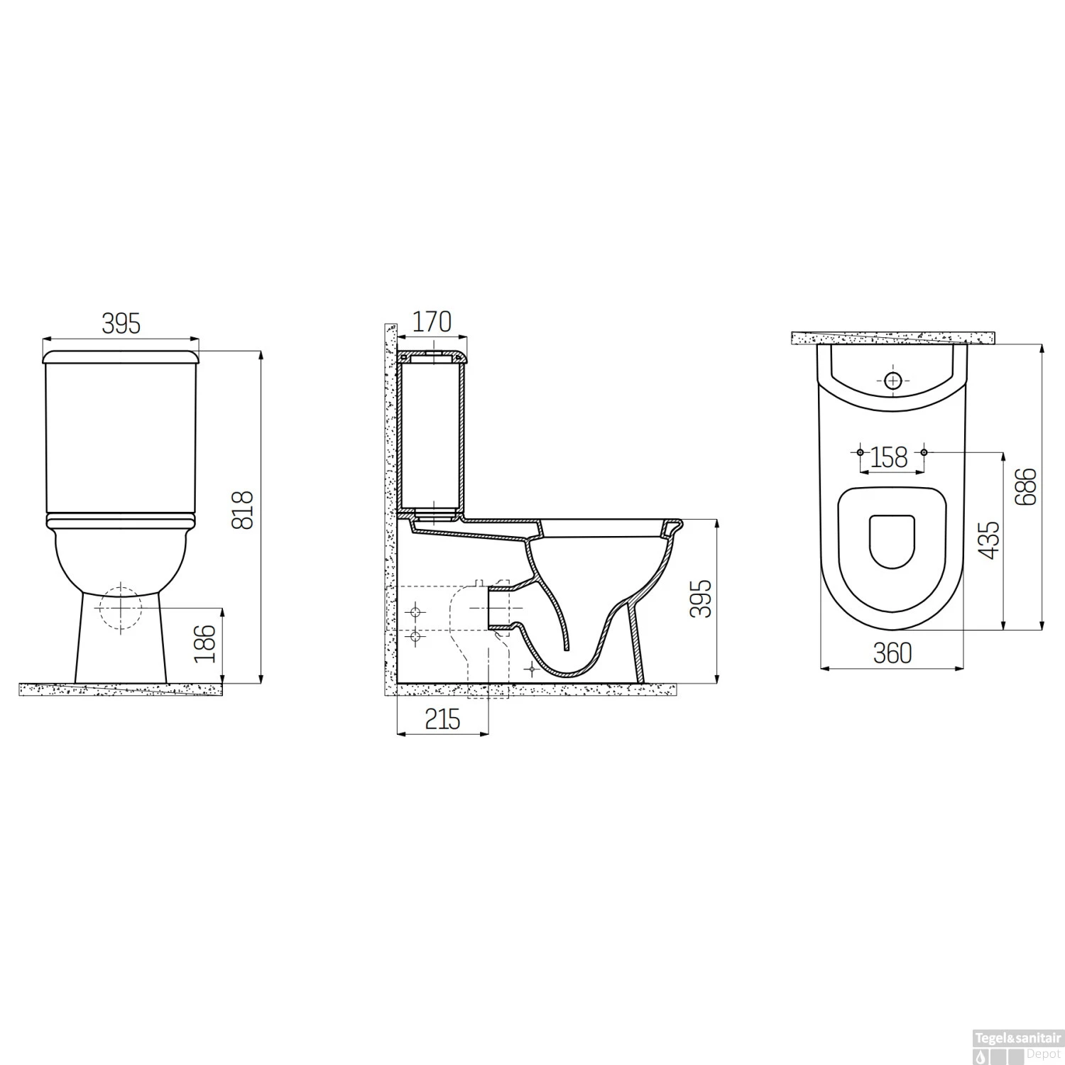 Toiletpot Staand Boss & Wessing Selin Met Bidet Onder En Muur Aansluiting Wit - Afbeelding 2