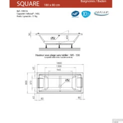 Allibert SQUARE Rechthoekig Ligbad 180x80x50,5-53,5 Wit -Badkamer Thuis square 180x80 tech