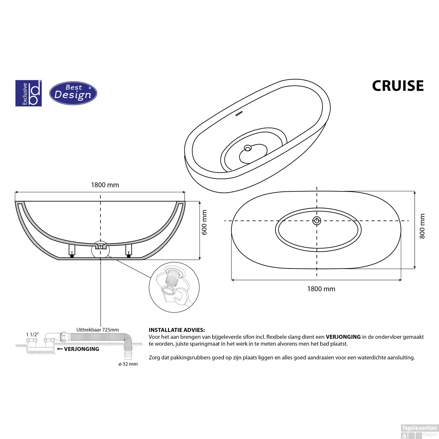 Vrijstaand Bad Best Design Cruise 180x80x60 Cm Solid Surface Mat Wit 6 Vrijstaand Bad Best Design Cruise 180x80x60 Cm Solid Surface Mat Wit - Afbeelding 4